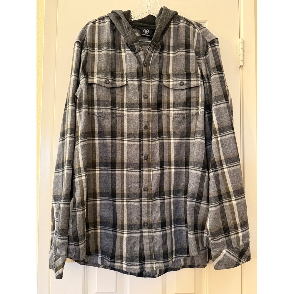 Burnside Mens XL Hooded Flannel Shirt Grey Olive Plaid Button Up
